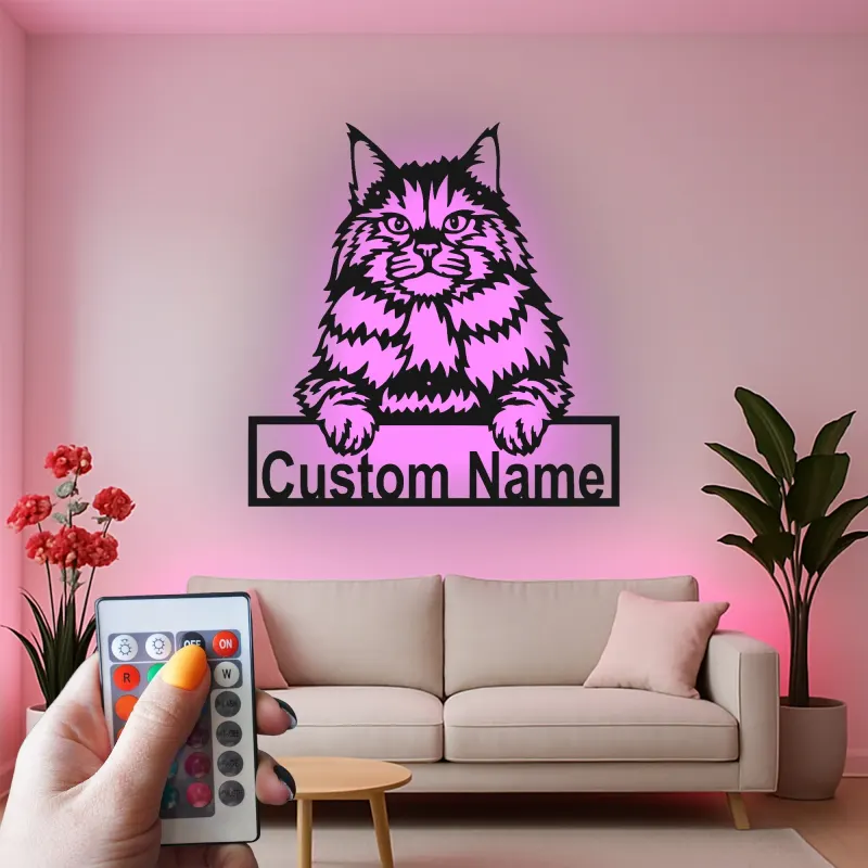 Cartel de metal personalizado de gato Maine Coon con luz LED regalo para amantes de mascotas decoración para salones