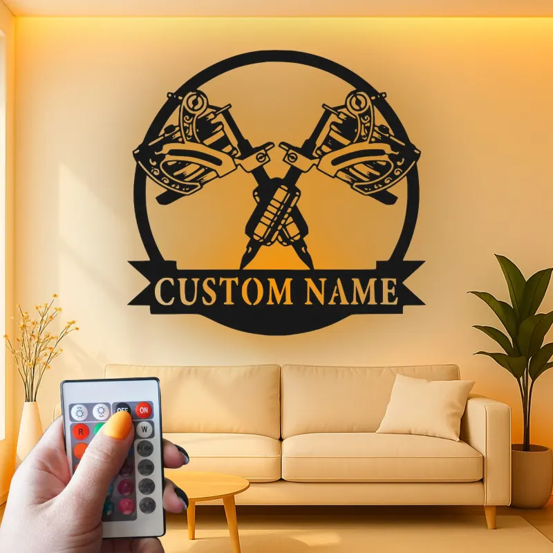 Custom Tattoo Studio LED Sign | Personalized Metal Wall Art | Crossed Machines Decor | Premium Gift for Ink Artist