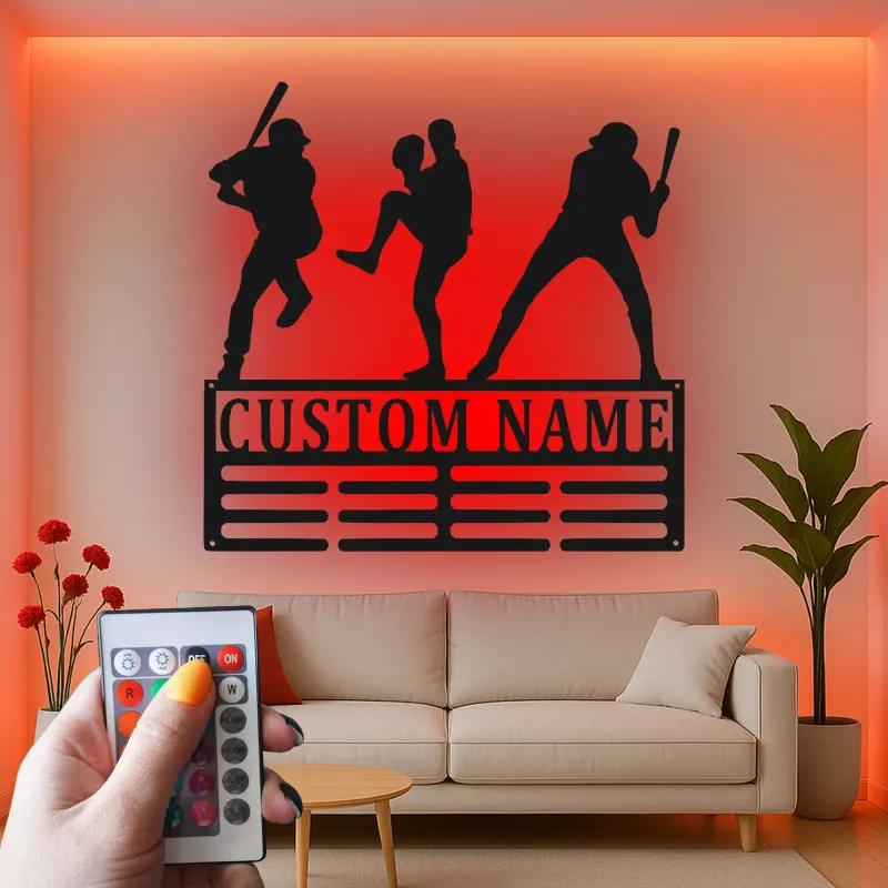 Décoration murale en métal personnalisée avec rétroéclairage LED pour joueur de baseball - Cadeau personnalisé pour les fans de sport
