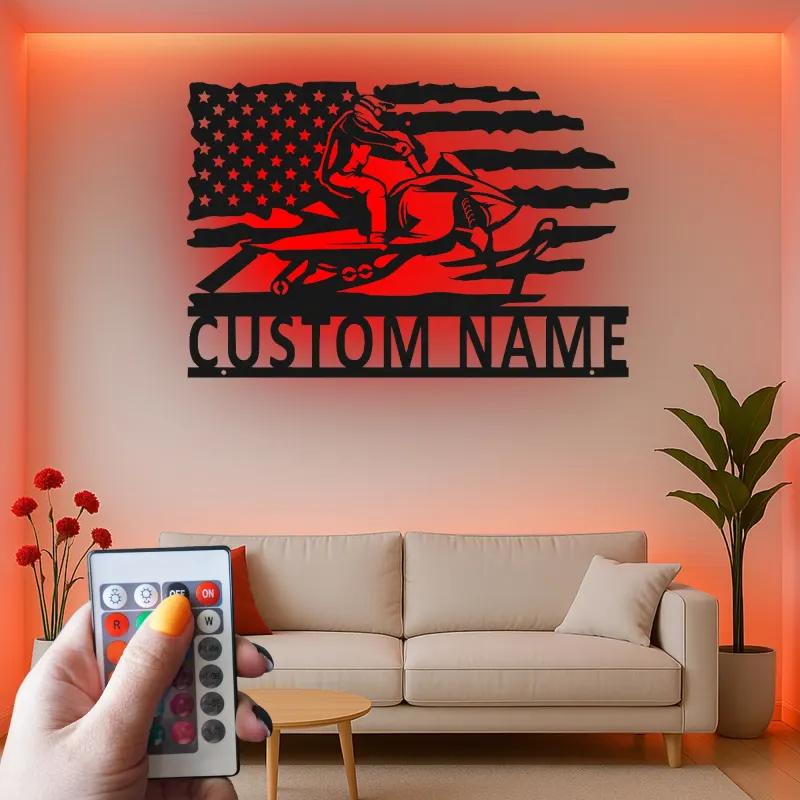 Plaque Métallique LED Personnalisée Motoneige | Art Mural Drapeau Américain Personnalisé | Cadeau Motoneigiste | Décor Man Cave