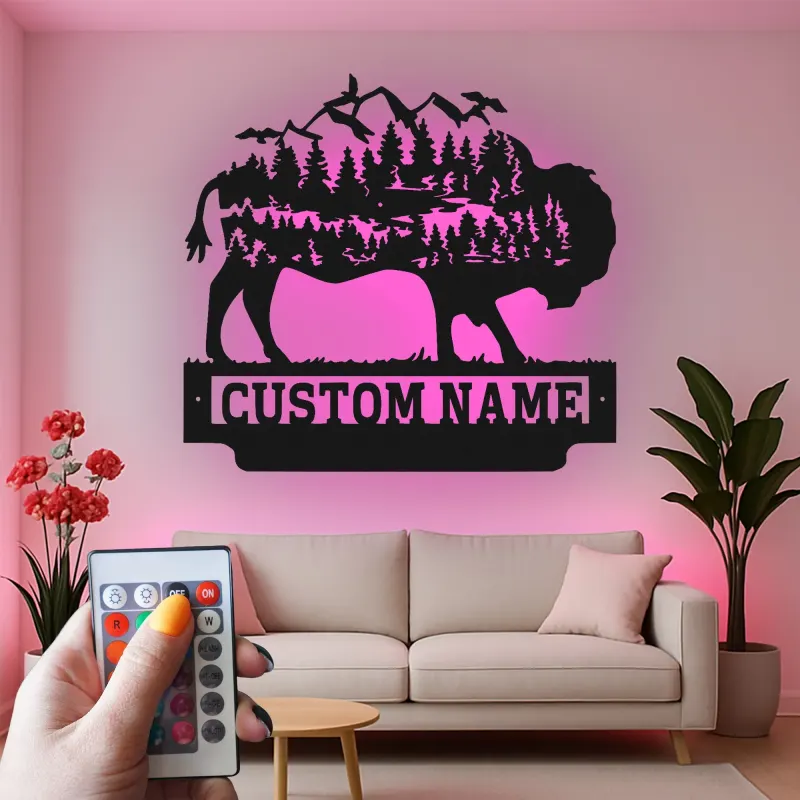 Insegna in metallo LED personalizzata con bufalo e wilderness - Regalo per amanti della natura, decorazione per cabin rustica