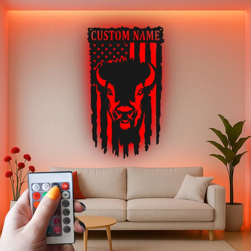 Décoration murale en métal personnalisée avec le drapeau américain et bison, rétroéclairage LED, cadeau rustique pour lui, décoration patriotique