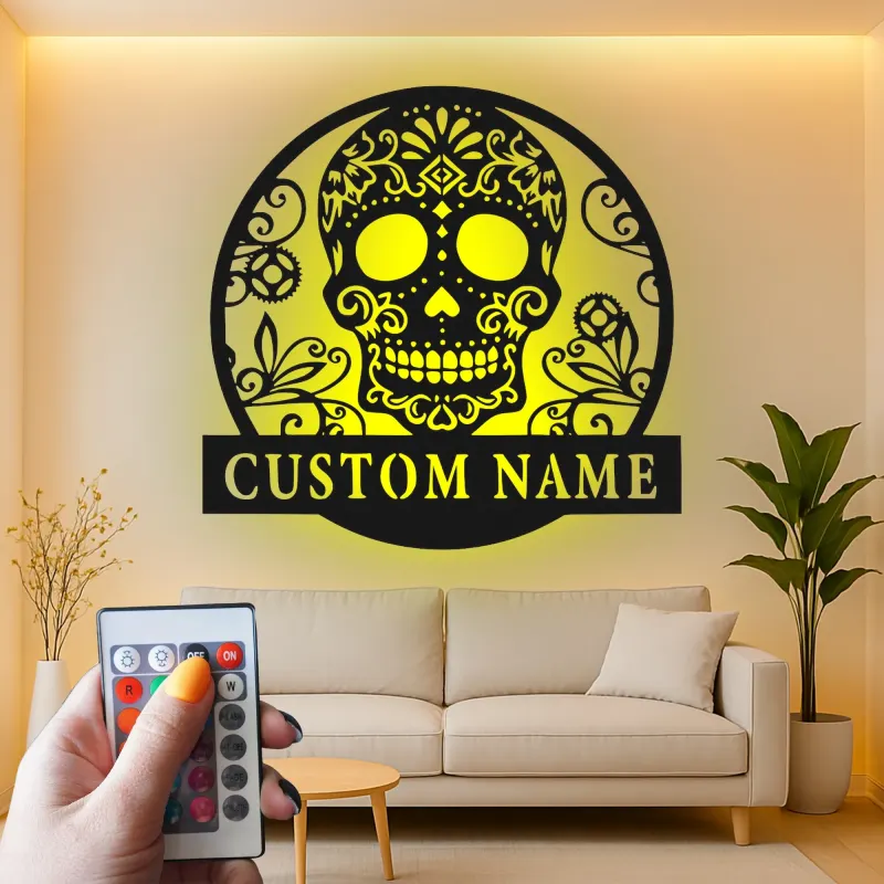 Personalisierte Zuckerschädel-LED-Leuchtschild | Individuelle Metall-Wandkunst für Gothic- & Día de los Muertos-Dekor | Florale Calavera-Namensplakette