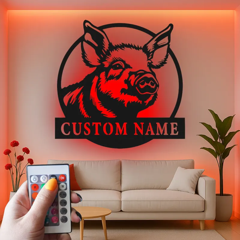Cartel de metal personalizado de cerdo | Decoración de cocina de granja con LED | Arte mural rústico personalizado para regalo de granja o hogar