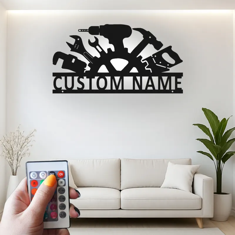 Enseigne personnalisée pour atelier | Décoration murale LED en métal | Décor de garage avec prénom | Cadeau pour menuisier ou mécanicien