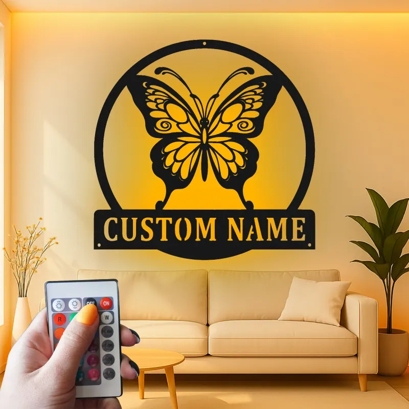 Insegna in metallo personalizzata con farfalla e luce LED, regalo per amanti della natura per decorare la camera da letto o il soggiorno 1