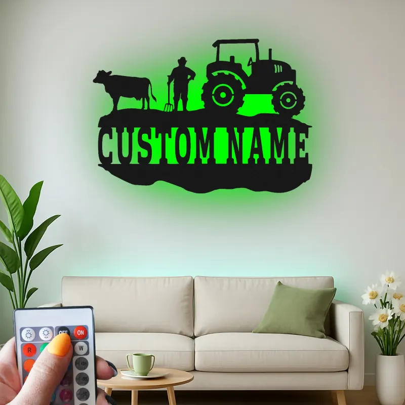 Insegna in metallo personalizzata con trattore e luce LED regalo per contadini decorazione rustica per la casa di campagna