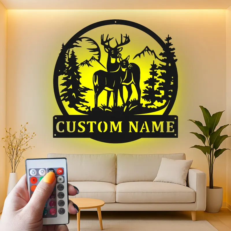 Décoration murale en métal personnalisée avec éclairage LED pour la famille de cerfs - Cadeau personnalisé pour les amoureux de la nature et le décor de cabane rustique