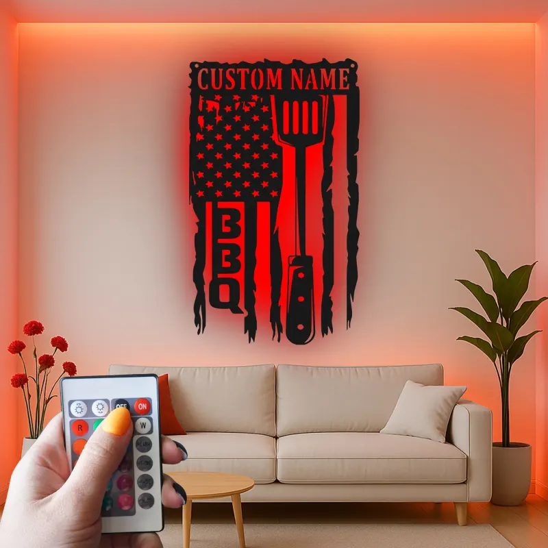 Cartel de metal personalizado con espátula BBQ y luz LED, regalo para el maestro de la parrilla, decoración para el patio exterior