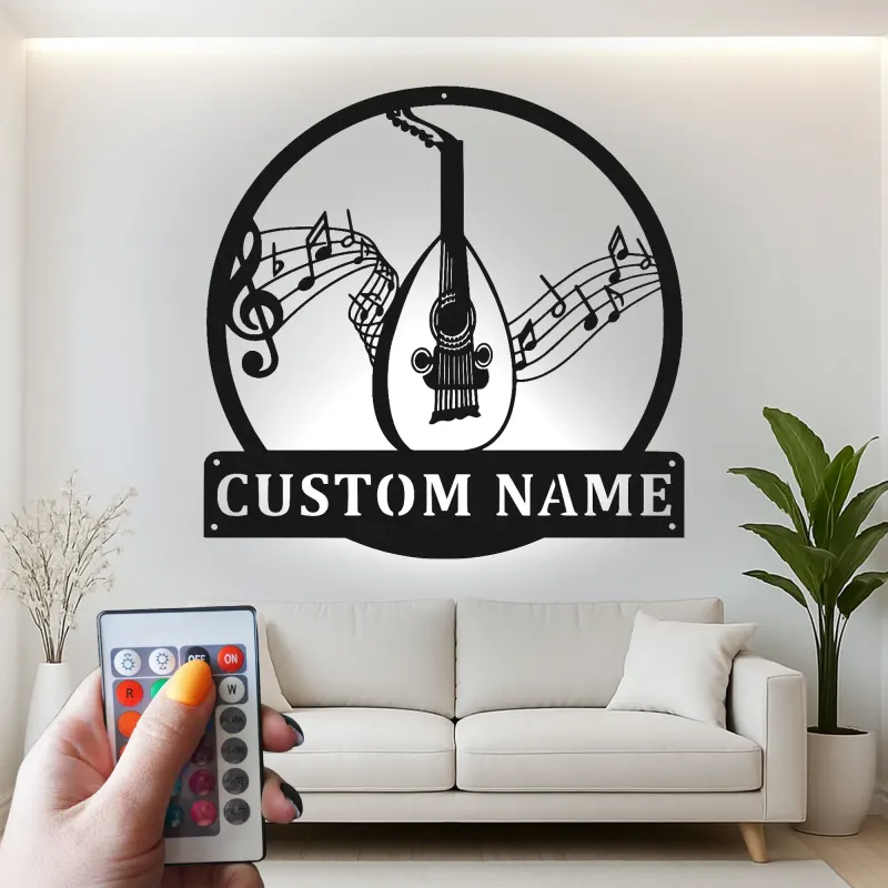 Panneau personnalisé en forme d'oud | Art mural en métal avec rétroéclairage LED | Cadeau personnalisé pour musicien | Décor de salle de musique