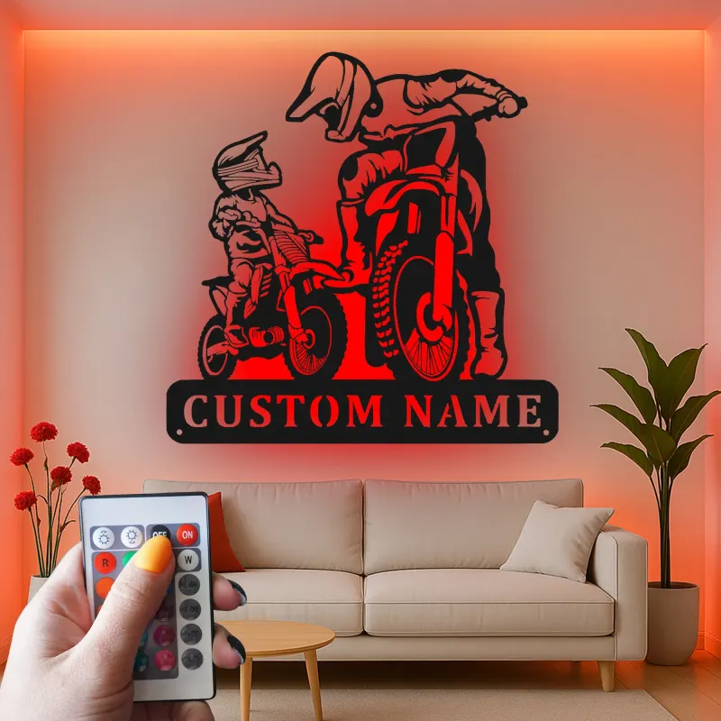 Custom Motocross Riders Led Light Metal Wall Art Personalized Gift for Dirt Bike Enthusiasts Garage or Man Cave Decor 1
