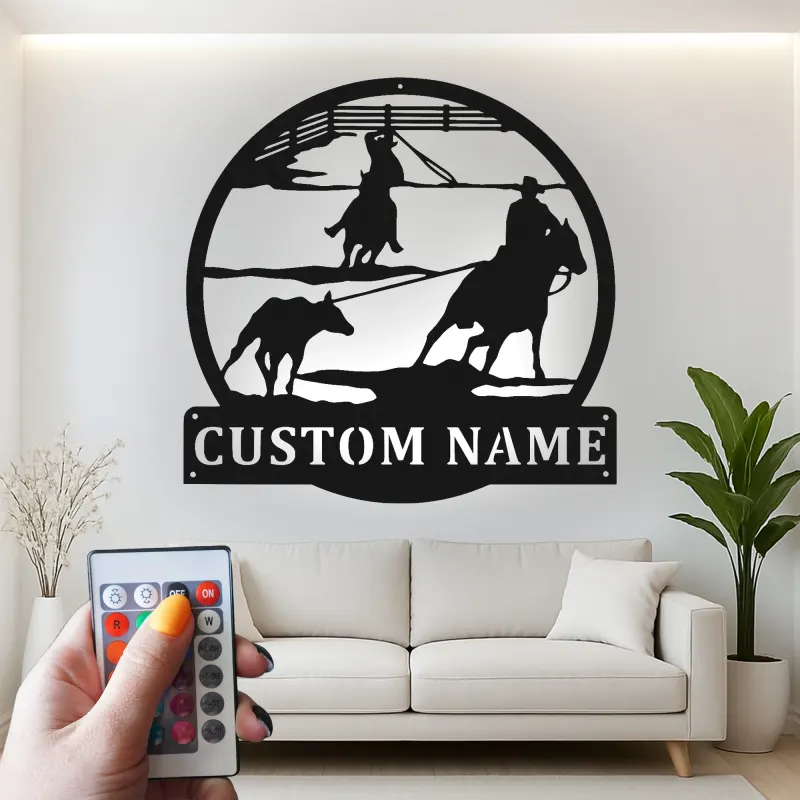 Décoration murale en métal LED personnalisée Rodeo Cowboy - Cadeau western pour lui - Décor ranch rustique