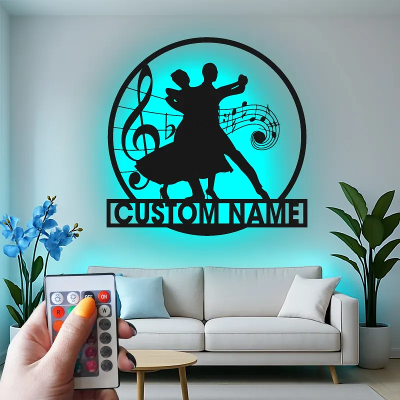 Cartel de metal personalizado de pareja de baile de salón con luz LED regalo para amantes de la danza decoración de estudio o salón