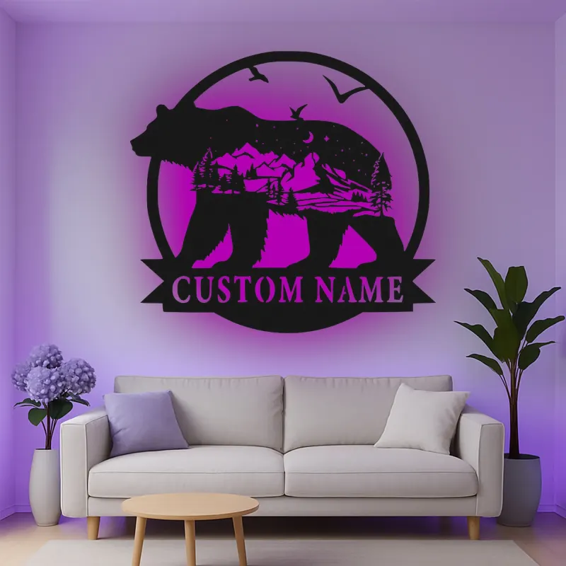 Silhouette de oso LED de metal personalizado regalo para amantes de la naturaleza decoración de cabaña