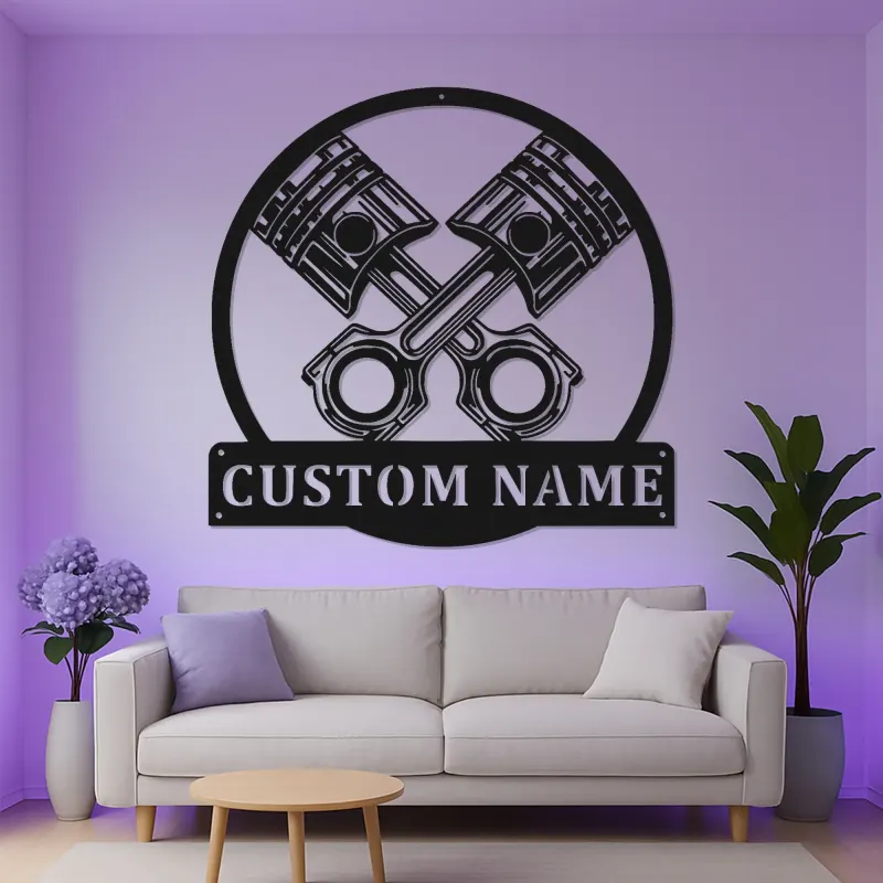 Panneau LED en métal de pistons croisés personnalisés | Décor de garage personnalisé | Idée cadeau pour mécanicien | Art mural automobile éclairé