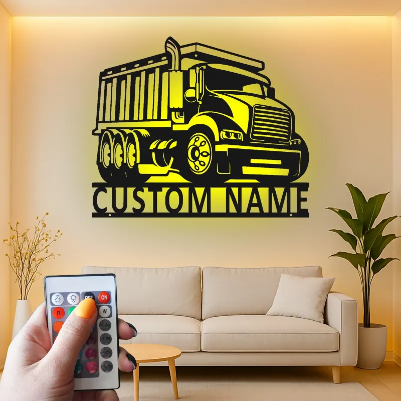 Insegna in metallo LED personalizzata a forma di camion ribaltabile - Regalo per appassionati di camion, decorazione per garage o man cave