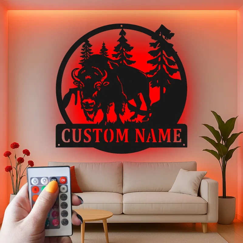 Décoration murale en métal personnalisée avec un bison en forêt, rétroéclairage LED, cadeau de faune personnalisé pour les amoureux de la nature, décoration de cabane