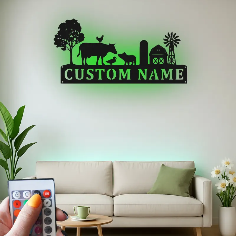 Insegna personalizzata per fattoria con luci LED | Decorazione murale in metallo personalizzata | Arredo da fienile per regalo casa di ranch