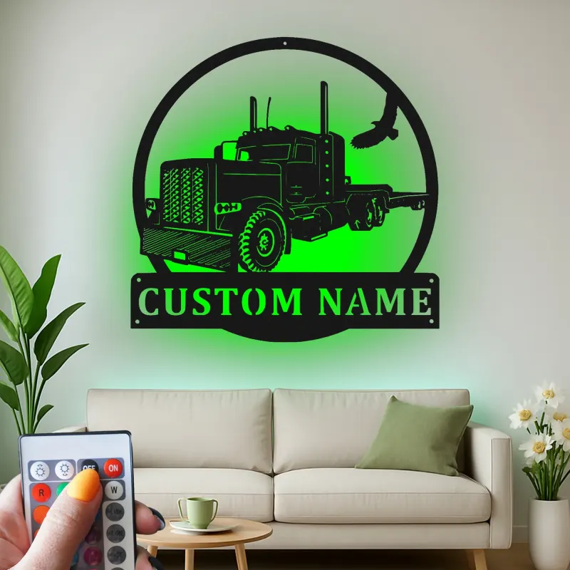 Décoration murale en métal LED personnalisée pour camion semi - Cadeau pour camionneur pour lui, décoration de garage ou de man cave