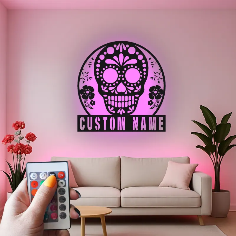 Personalized Sugar Skull Metal Sign | Custom Calavera LED Wall Art | Day of the Dead Decor | Gothic Floral Home Gift