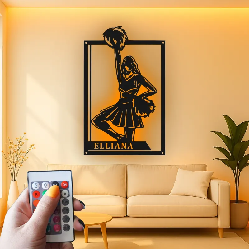 Personalisierte Cheerleader LED-beleuchtete Metall-Wandkunst – Geschenk für Cheer-Teamzimmer oder Spielzimmer-Deko