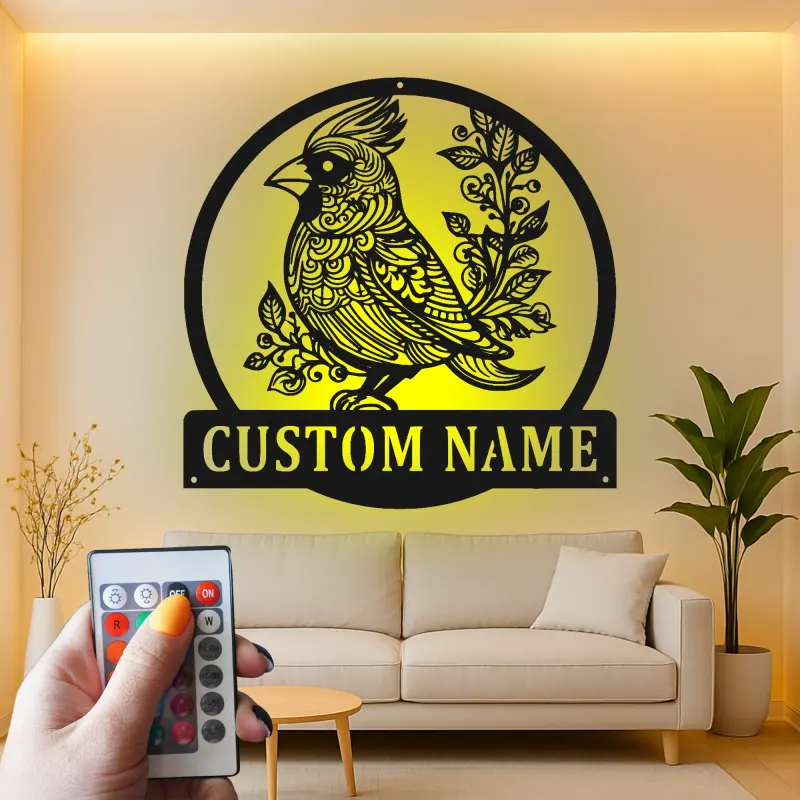Décoration murale en métal personnalisée avec oiseau cardinal et rétroéclairage LED - Cadeau pour amoureux de la nature - Décor pour salon ou jardin