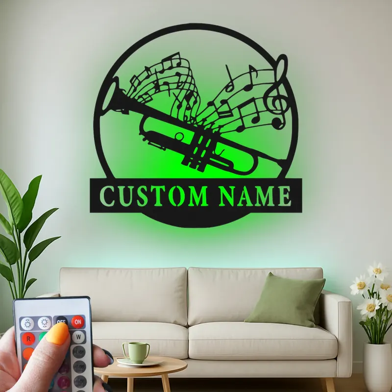 Décoration murale en métal personnalisée avec rétroéclairage LED - Cadeau pour musiciens - Décor de salle de musique avec notes de musique et trompette