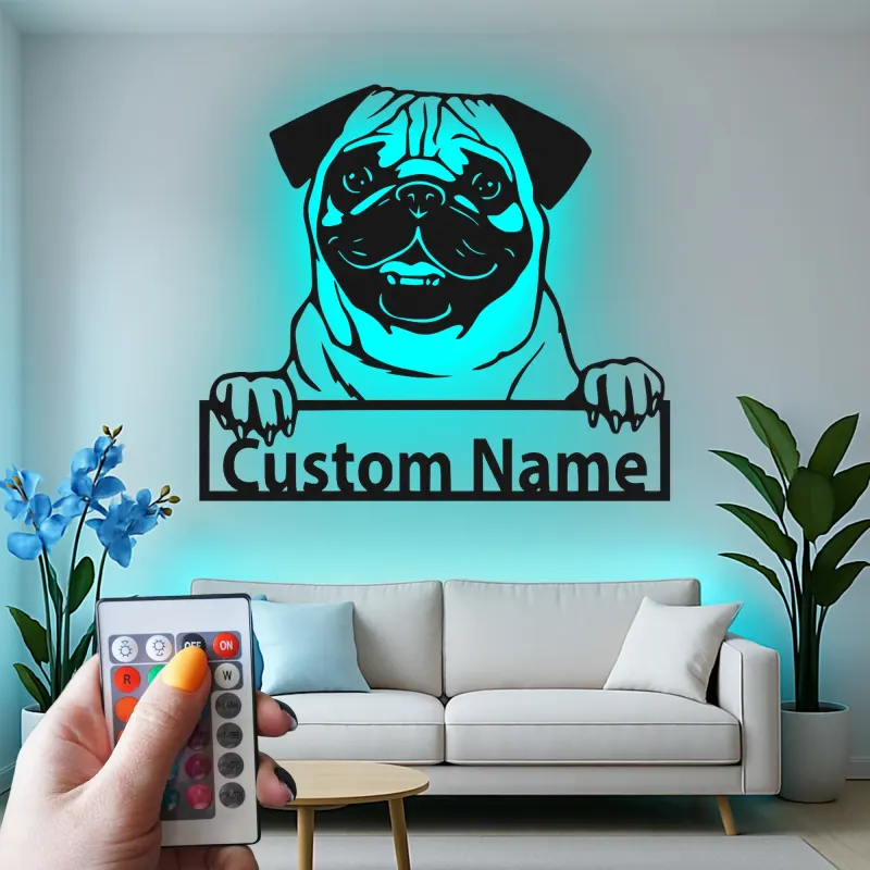 Insegna LED Pug Personalizzata | Insegna in Metallo per Cani | Regalo per Amanti degli Animali e Decorazione per Nursery | Silhouette di Cucciolo Realistica