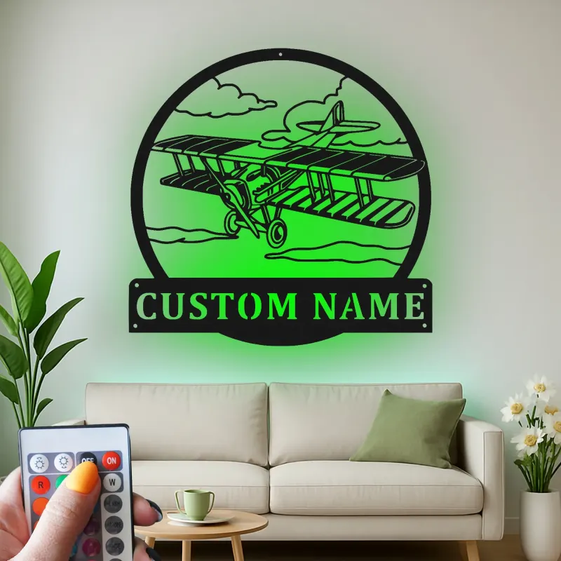 Cartel de metal LED de biplano, regalo de aviación para piloto, decoración de hangar u oficina