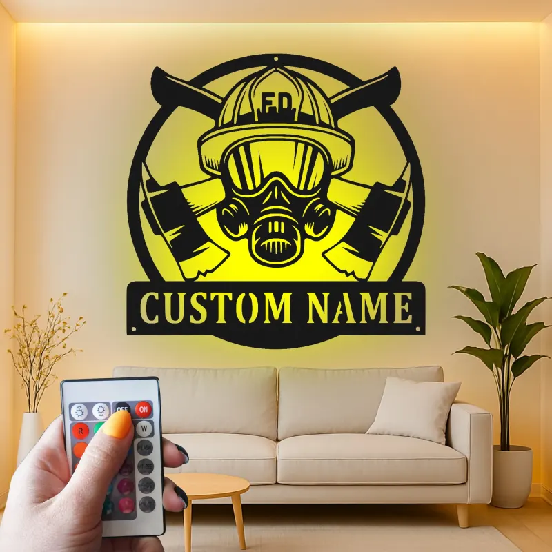 Personalized Firefighter Sign | Custom LED Metal Wall Art | Fireman Helmet Decor for Firehouse & Home | Hero Gift