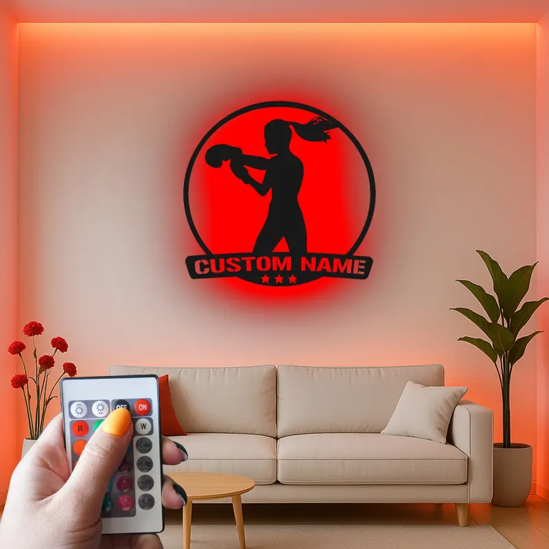 Décoration murale en métal personnalisée pour boxeuse avec rétroéclairage LED - Cadeau personnalisé pour passionné de boxe, décoration de gym ou de maison