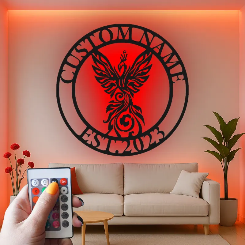 Phoenix LED Metal Wall Art | Custom Name Sign, Art Deco Inspired | Personalized Office & Home Decor Gift