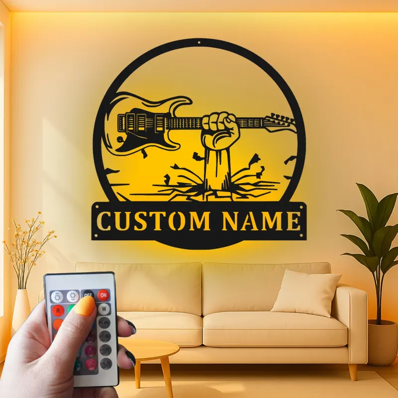 Individuelle Gitarren-LED-Metall-Wandkunst | Personalisierte Musiker-Namensschild | Dekoration für Musikzimmer, Studio & Männerhöhlen