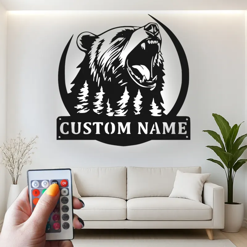 Décoration murale en métal personnalisée avec éclairage LED Forêt d'Ours Cadeau pour Amateurs de Nature Décor de Cabane ou Lodge