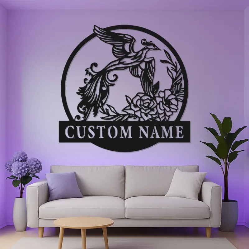 Cartel de Fénix Personalizado | Arte Mural de Metal con LED | Logo de Negocio Personalizado y Decoración Floral para el Hogar