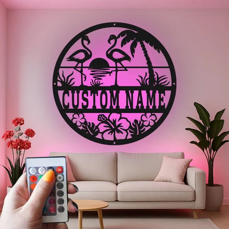 Personalized Flamingo Metal Sign | LED Tropical Wall Art for Patio & Beach House | Custom Name Sunset Decor