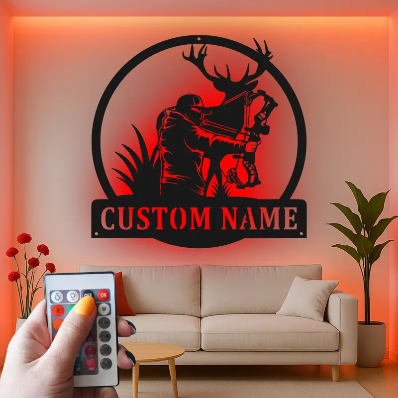 Insegna in metallo personalizzata con luce LED per cacciatori di arco e cervi, regalo personalizzato per cacciatori, decorazione per man cave o cabin