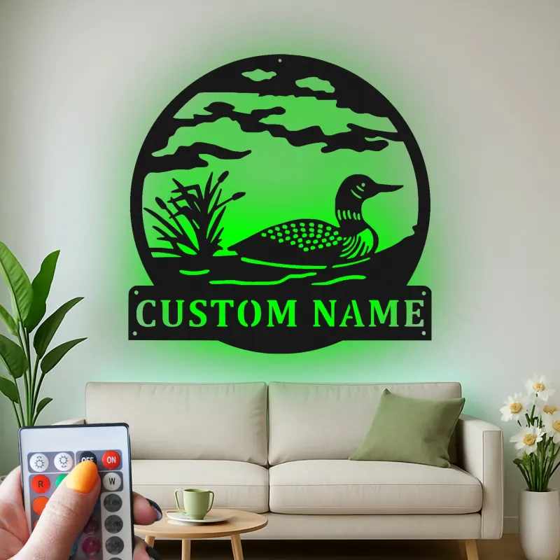 Custom Loon Lake Scene Led Light Metal Wall Art Personalized Nature Lover Gift Cabin Decor