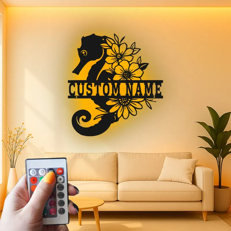 Custom Seahorse Name Sign | Floral Metal Wall Art with LED | Ocean Decor for Beach House | Personalized Nautical Gift