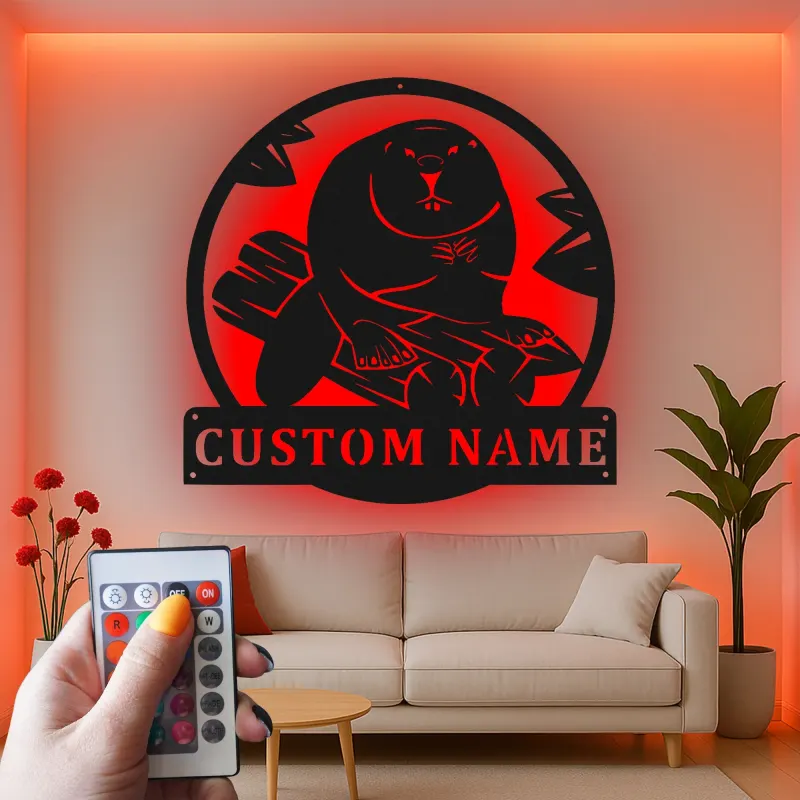 Personalisiertes LED-beleuchtetes Biber-Metallschild - Geschenk für Naturliebhaber, Hütten-Dekor