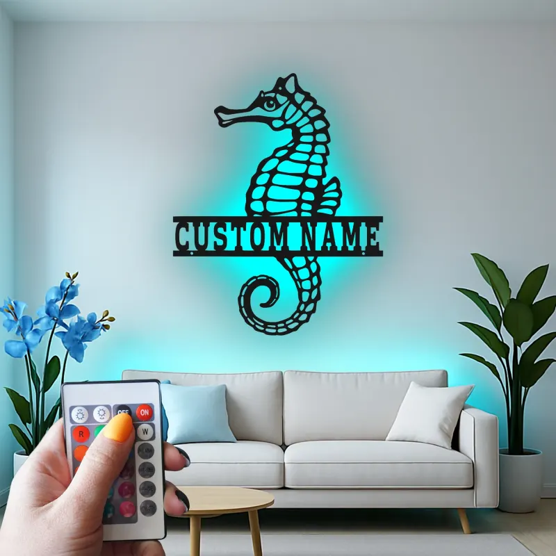 Panneau Métal LED Hippocampe Personnalisé | Décoration Murale Nautique Personnalisée | Décor Maison Côtière & Cadeau pour Amoureux de l'Océan