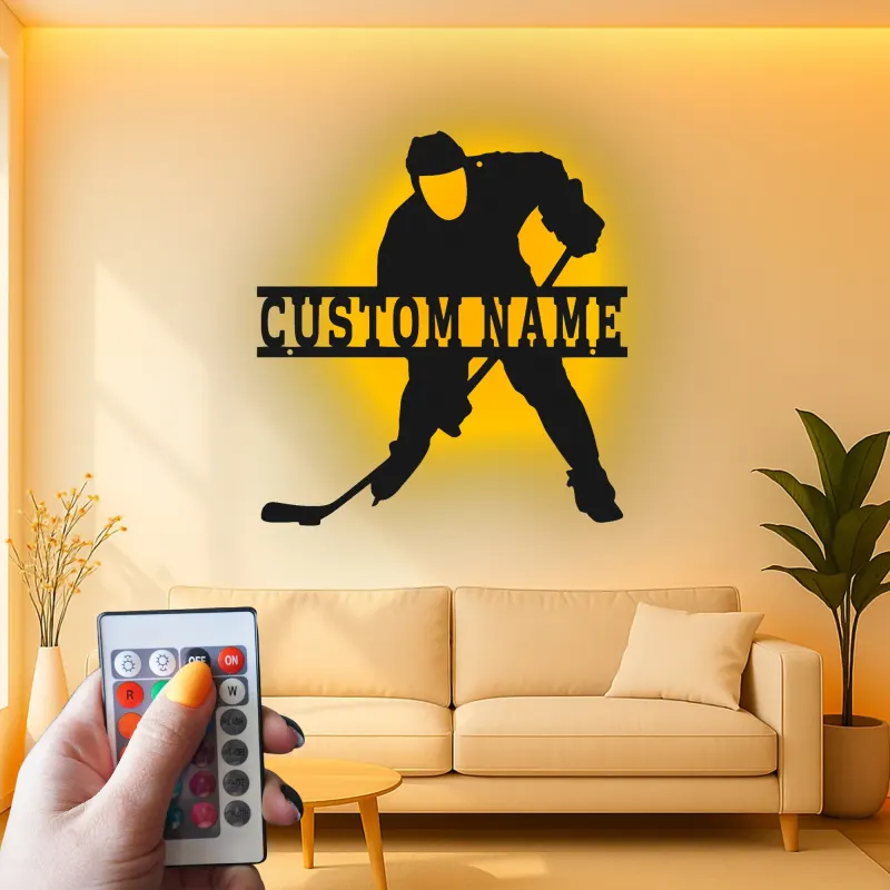 Insegna in Metallo Personalizzata per Giocatore di Hockey | Arte Murale LED Personalizzata | Decorazione per Hockey su Ghiaccio per Sala Giochi | Regalo per Fan