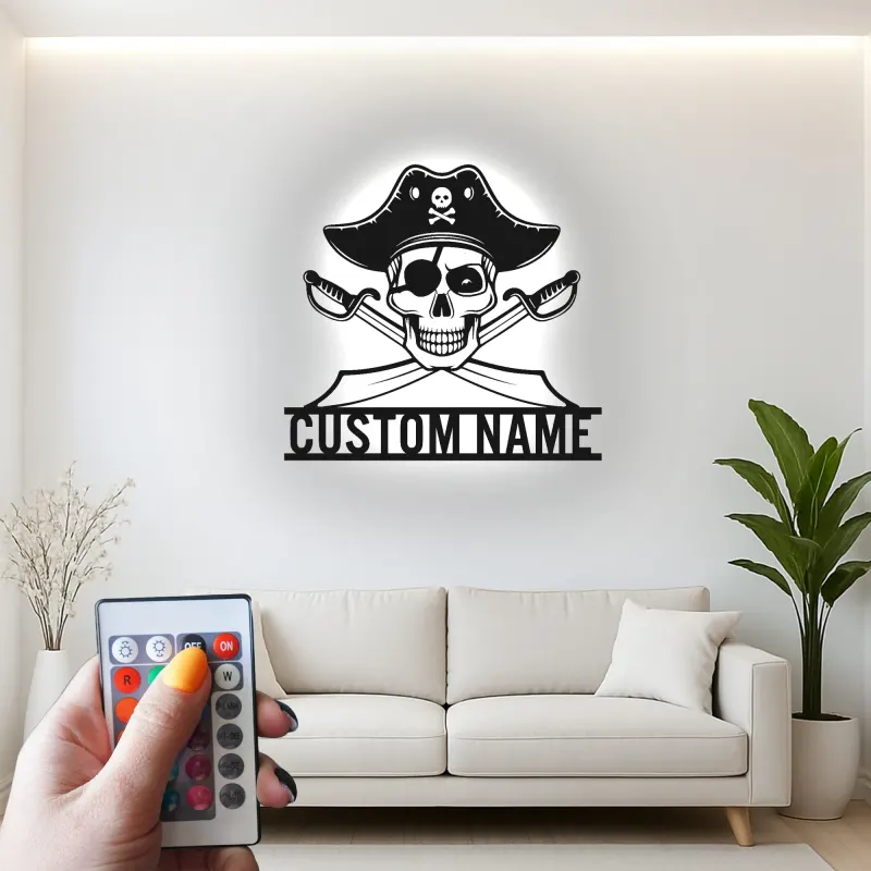Insegna in metallo LED Teschio Pirata | Insegna da parete con nome personalizzato per Man Cave | Decorazione nautica personalizzata | Spade incrociate luminose