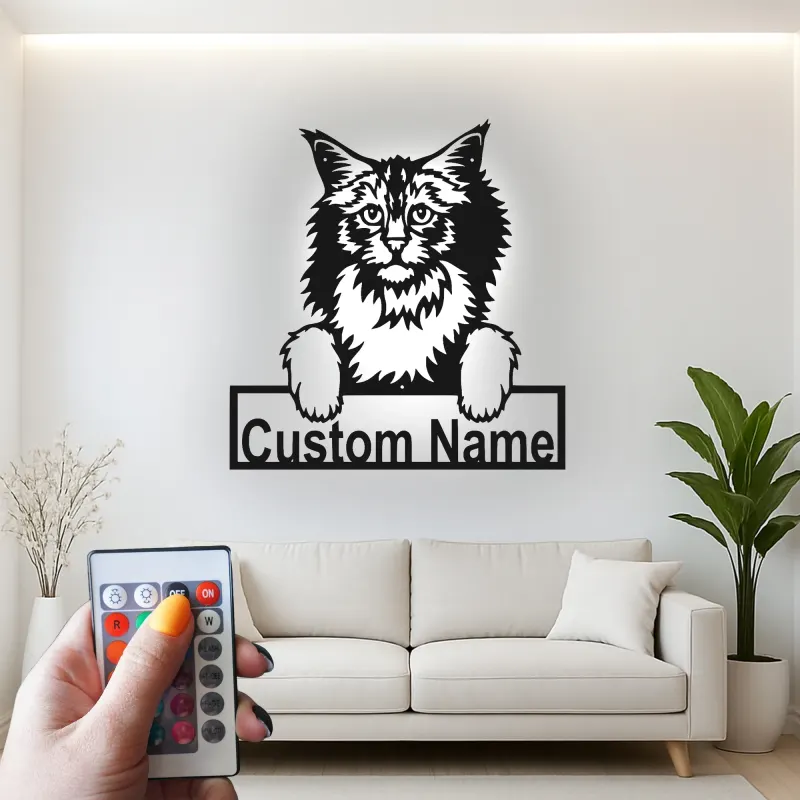 Décoration murale en métal personnalisée avec chat Maine Coon, rétroéclairage LED, cadeau pour amoureux des animaux, décoration de salon