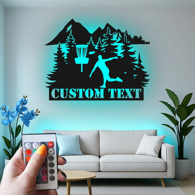 Cartel de metal personalizado con jugador de golf de disco, regalo iluminado LED