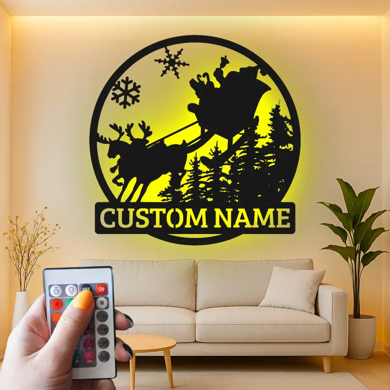 Cartel de metal personalizado de trineo de Santa | Arte mural navideño LED | Decoración navideña personalizada para el hogar | Silueta de reno con nombre