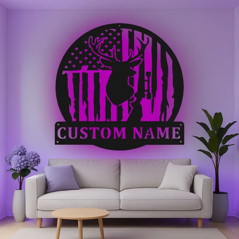 Custom Deer American Flag Led Light Metal Wall Art Hunting Gift for Him Rustic Cabin Decor