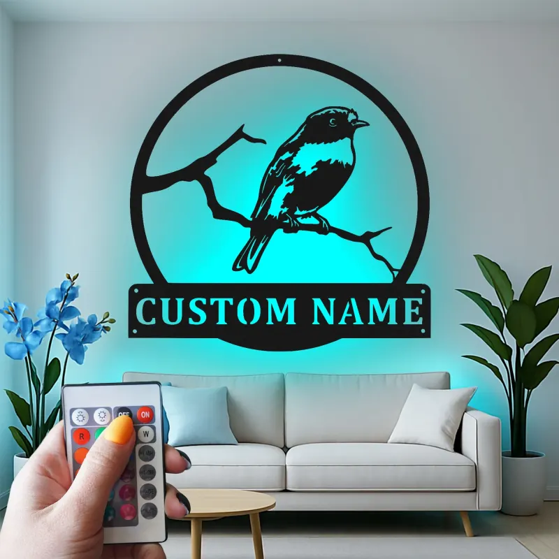 Custom Bird on Branch Led Light Metal Wall Art Personalized Nature Lover Gift Living Room or Garden Decor