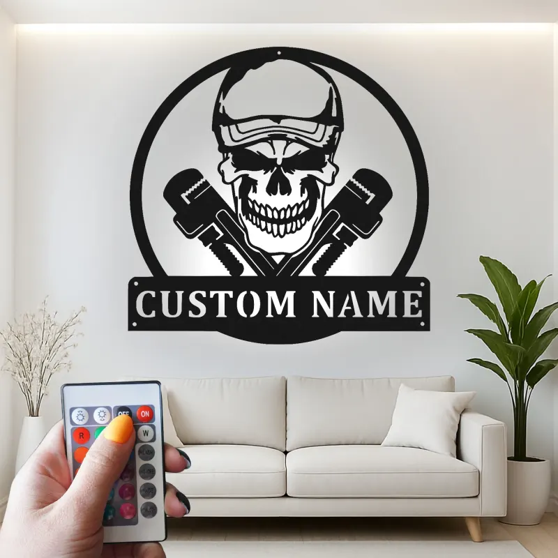 Cartel Personalizado de Calavera de Fontanero | Arte Mural LED de Metal Personalizado | Decoración de Garaje de Mecánico | Regalo de Cueva de Hombre Gótico