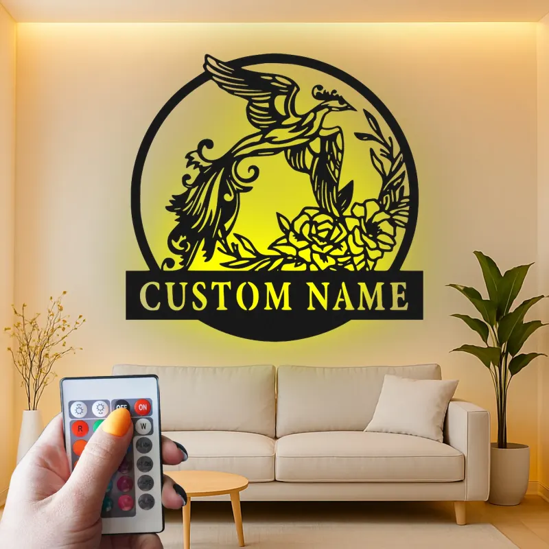 Cartel de Fénix Personalizado | Arte Mural de Metal con LED | Logo de Negocio Personalizado y Decoración Floral para el Hogar